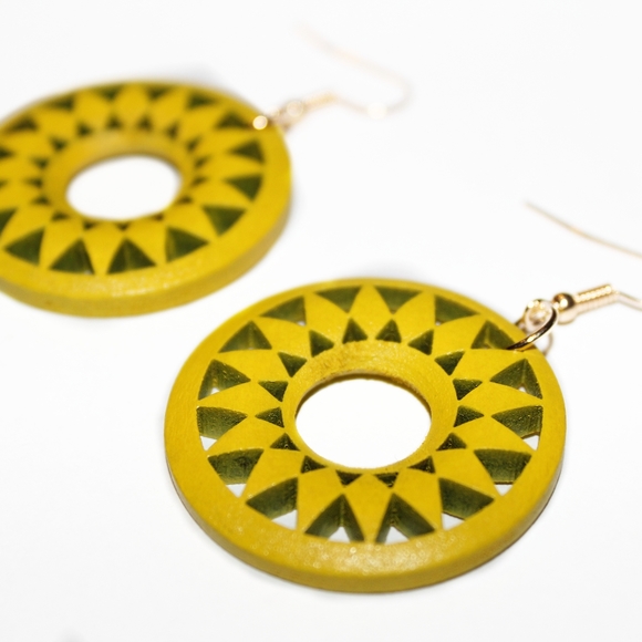 *2 for $15* Yellow Sun Wood Drop Earrings - Picture 4 of 4